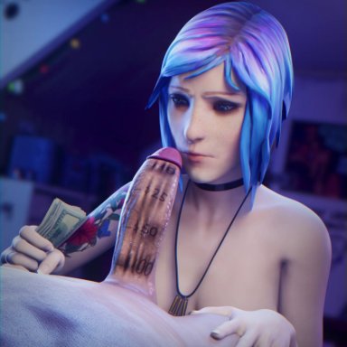 life is strange, chloe price, fjaye, 1boy, 1girls, big penis, deepthroat, erection, fellatio, female, lipstick, lipstick mark, lipstick on penis, male, oral