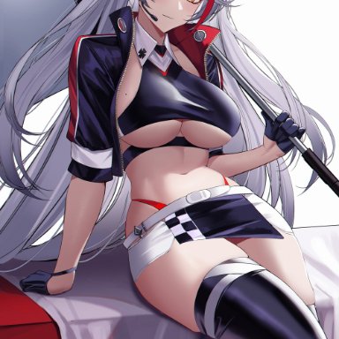 azur lane, prinz eugen (azur lane), eternity (shadeh), 1girls, antenna hair, bangs, black footwear, black gloves, black jacket, black legwear, boots, breasts, brown eyes, closed mouth, crop top