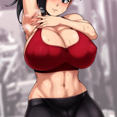 my hero academia, momo yaoyorozu, jmg, 1girls, armpits, arms up, asymmetrical hair, black bottomwear, black eyes, black hair, blush, breasts, cameltoe, cleavage, embarrassed