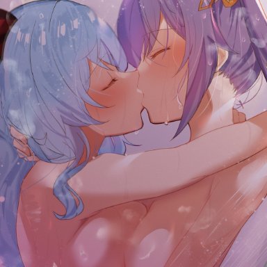 genshin impact, ganyu (genshin impact), keqing (genshin impact), arito arayuru, 2girls, ahoge, bangs, blue hair, blush, breast press, breasts, closed eyes, french kiss, hair between eyes, hair ornament