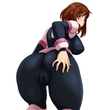 my hero academia, ochako uraraka, jmg, 1girls, anus, anus visible through clothes, ass, ass grab, bending over, big ass, brown eyes, brown hair, cameltoe, jumpsuit, looking back