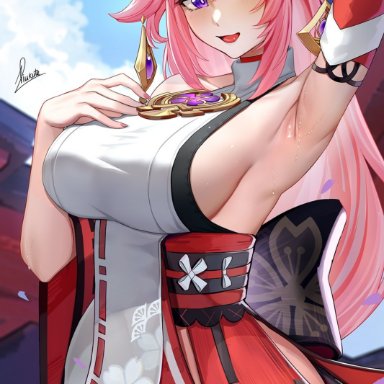 genshin impact, yae (genshin impact), piukute062, 1girls, arm behind head, arm up, armpits, breasts, clothed, clothed female, female, female only, hair ornament, hips, huge breasts