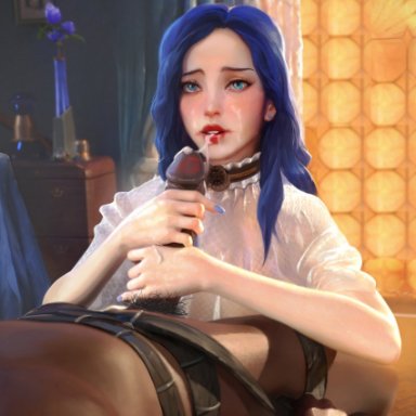 league of legends, caitlyn kiramman, 1boy, 1boy1girl, 1girls, 5 fingers, bed, bedroom, blowjob, blue eyes, blue hair, blush, blushing, both hands on cock, clothed