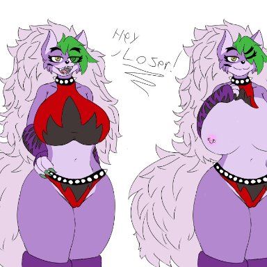 five nights at freddy's, scottgames, roxanne wolf (fnaf), lovelytrashpanda, animatronic, anthro, big breasts, breasts, camel toe, canid, canine, canis, collar, female, flashing