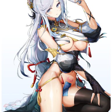 genshin impact, shenhe (genshin impact), kiriko (araragikoyomi), 1girls, ass, barefoot, black gloves, black legwear, blue background, blue eyes, blue hair, breasts, closed mouth, cup, detached sleeves