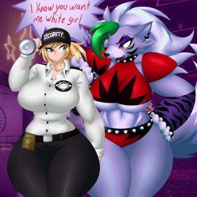 five nights at freddy's, scottgames, steel wool studios, roxanne wolf (fnaf), vanessa (fnaf), kreativekailyn, 2girls, anthro, bbw, belt, big breasts, black nose, blonde hair, breasts, canid