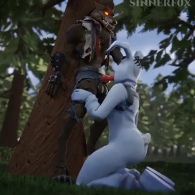 fortnite, fortnite: battle royale, fortnite: save the world, bunny brawler, dire (fortnite), luna (fortnite), sinnerfox, 1animal, against tree, animal penis, anthro on human, blowjob, canine penis, face paint, forest