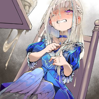 nijisanji, lize helesta, aqua hair, blush, braid, bukkake, comb, combing, crown braid, cum, cum on body, cum on clothes, cum on hair, ear blush, facial