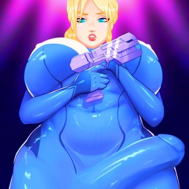 metroid, nintendo, samus aran, zero suit samus, spokeninreverse, 1futa, big breasts, big penis, blonde hair, blue bodysuit, blue eyes, bodysuit, breasts, breasts bigger than head, clothed