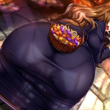 halloween, wiz (konosuba), ikemura hiroichi, ass, ass focus, basket, bent over, blush, breasts, brown hair, candy, dress, female, food, from behind