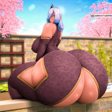 genshin impact, shenhe (genshin impact), someshittysketches, 1girls, ass, big ass, big breasts, blue eyes, breasts, bubble ass, bubble butt, enormous ass, female, female only, gigantic ass