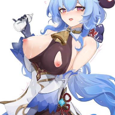 genshin impact, ganyu (genshin impact), berserker r, \||/, areolae, baby bottle, bangs, bare shoulders, bell, blue hair, blush, bodysuit, bottle, breasts, covered nipples