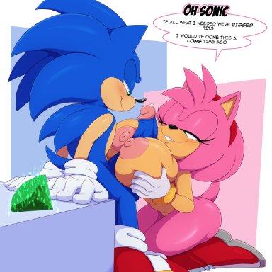 sega, sonic (series), amy rose, sonic the hedgehog, bigdon1992, anthro, anthro on anthro, areola, big breasts, big penis, bodily fluids, breast play, breasts, chaos emerald, clothing