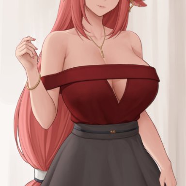 genshin impact, yae (genshin impact), zaphn, 1girls, breasts, casual clothes, cleavage cutout, female, female only, hips, huge breasts, indoors, long hair, necklace, pink hair