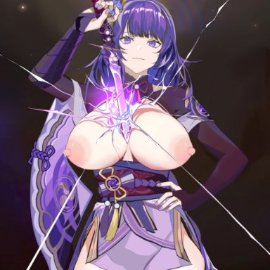 genshin impact, raiden shogun, ken (artist), 1girls, areolae, big breasts, breasts, confident, exposed breasts, female, female only, fingerless gloves, hair accessory, hand on hip, lactating