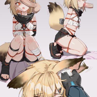 arknights, vermeil (arknights), artist request, 1boy, animal ear fluff, animal ears, bangs, black cape, blonde hair, blush, bondage, bound, cape, eyebrows visible through hair, flat chest