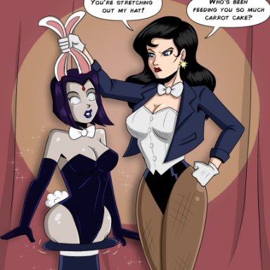 dc comics, super hero, teen titans, raven, zatanna, zatanna zatara, polmanning, black hair, bunny ears, bunny girl, bunnysuit, cleavage, dazed, female only, femdom