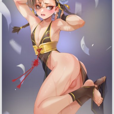 street fighter, chun-li, steamed egg, 1boy, anus, arms up, brown hair, dress, femboy, girly, hair buns, male, male only, midair, otoko no ko