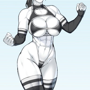 wii fit trainer, nisetanaqa, 1girls, big breasts, black hair, blush, breasts, elbow gloves, gloves, gray eyes, large breasts, long hair, muscular, muscular female, ponytail