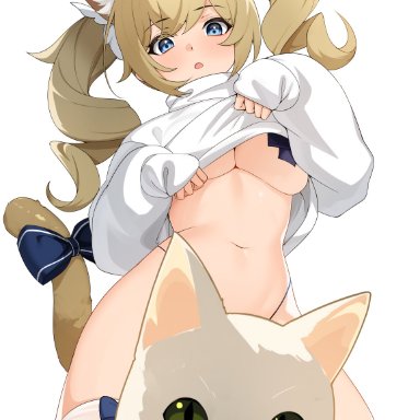 genshin impact, barbara (genshin impact), ett, animal ear fluff, animal ears, bangs, blonde hair, blue bow, blue eyes, bow, breasts, cat ears, cat tail, eyebrows visible through hair, feline