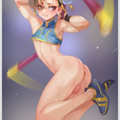 street fighter, chun-li, steamed egg, 1boy, anus, arms up, ass, balls, bottomless, brown hair, femboy, girly, hair buns, male, male only