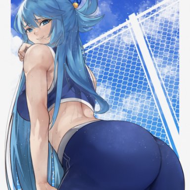 aqua (konosuba), kobi420, 1girls, ass, ass focus, back, bangs, bare shoulders, big ass, blue eyes, blue hair, blue pants, breasts, cloud, cloudy sky