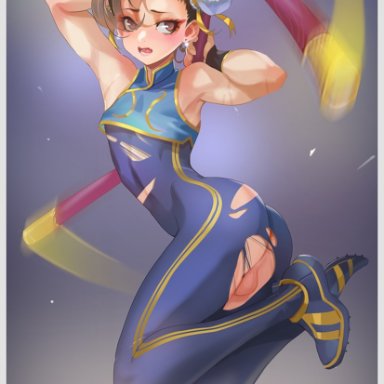 street fighter, chun-li, steamed egg, 1boy, arms up, ass, balls, brown hair, femboy, girly, hair buns, male, male only, midair, otoko no ko