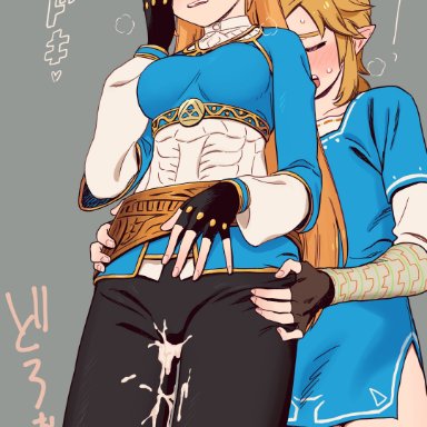 breath of the wild, the legend of zelda, link, princess zelda, zelda (breath of the wild), 1boy, after ejaculation, after sex, black legwear, blonde hair, blue eyes, blue tunic, blush, braid, closed eyes