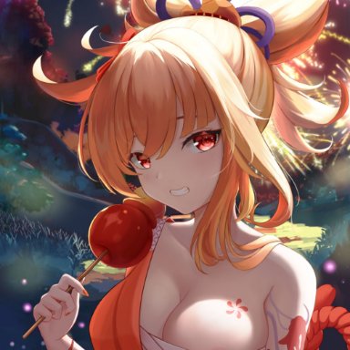 genshin impact, yoimiya (genshin impact), mu xue (1024612186), areola slip, areolae, arm tattoo, blonde hair, blurry, blush, bracelet, breasts, candy apple, chest tattoo, clenched teeth, depth of field