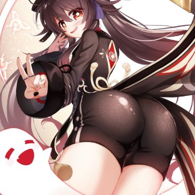 genshin impact, hu tao (genshin impact), = =, ass, bangs, big ass, blush, bright pupils, eyelashes, female, ghost, hitodama, huge ass, jewelry, kneepits