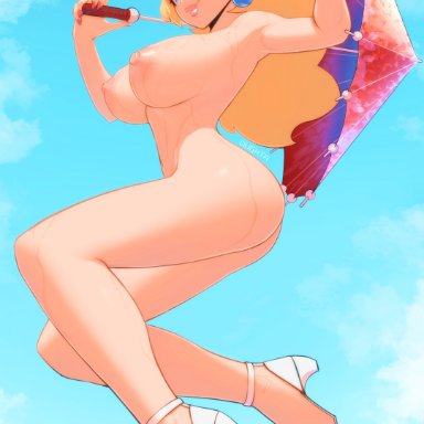 mario (series), nintendo, super mario bros., princess peach, oughta, 1girls, areolae, ass, big ass, big breasts, blonde hair, blue background, blue eyes, bottomless, breasts