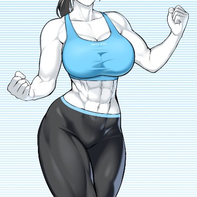 wii fit trainer, nisetanaqa, 1girls, abs, big breasts, black hair, blush, breasts, gray eyes, muscular female, ponytail, thick thighs, thighs, tight pants, top