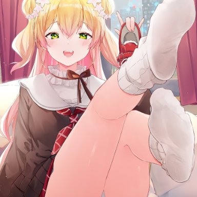 hololive, momosuzu nene, blonde hair, blush, double bun, feet, feet up, female, foot fetish, foot focus, green eyes, holding, holding shoes, long hair, looking at viewer