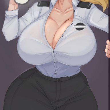 five nights at freddy's, vanessa (fnaf), spookiebuni, 1girls, blonde hair, breasts, cleavage, clothed, clothed female, curvy, female, female only, fivesome, flashlight, green eyes