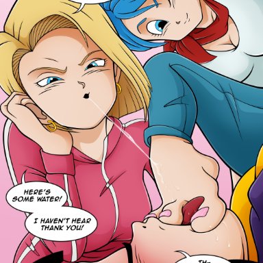 dragon ball, android 18, bulma briefs, chichi, mousticus, 3girls, barefoot, blonde hair, blue eyes, blue hair, blush, bulma (dragon ball), cleaning, crying, domination