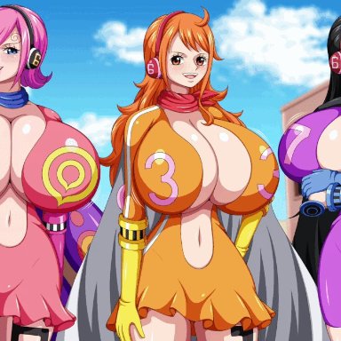 one piece, nami, nico robin, vinsmoke reiju, k-trance, big breasts, black hair, orange hair, pink hair, suit