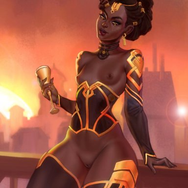 arcane, league of legends, mel medarda, mavezar, 1girls, areolae, dark-skinned female, dark skin, female, female only, looking at viewer, nipple piercing, nipples, piercing, pussy