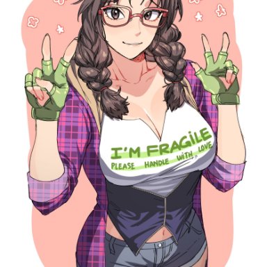 tekken, tekken 7, julia chang, hanny (uirusu chan), 1girls, breasts, brown hair, cleavage, clothed, clothes writing, denim shorts, double v, female, fingerless gloves, glasses