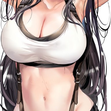 final fantasy, final fantasy vii, final fantasy vii remake, square enix, tifa lockhart, marushin (denwa0214), 1girls, armpits, arms behind head, arms up, belly button, black hair, blush, breasts, cleavage