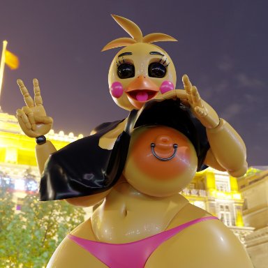 five nights at freddy's, five nights at freddy's 2, scottgames, chica (fnaf), toy chica (fnaf), animal humanoid, anthro, areola, avian, avian humanoid, baggy clothing, big areola, big breasts, bird, breasts