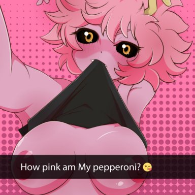 my hero academia, mina ashido, cinnamon6, areolae, blush, breasts, breasts out of clothes, colored skin, female, large breasts, looking at viewer, mouth hold, nipples, pink hair, pink skin