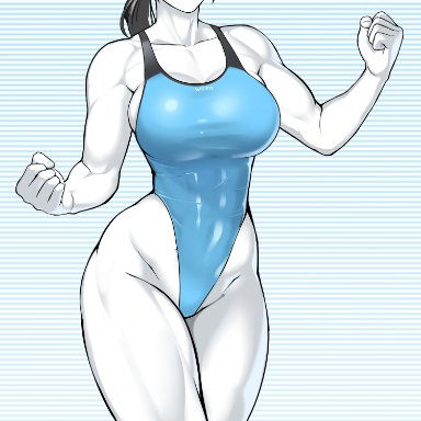 wii fit trainer, nisetanaqa, 1girls, big breasts, black hair, blush, breasts, gray eyes, muscular female, one piece swimsuit, ponytail, thick thighs, thighs, white skin, alternate version available
