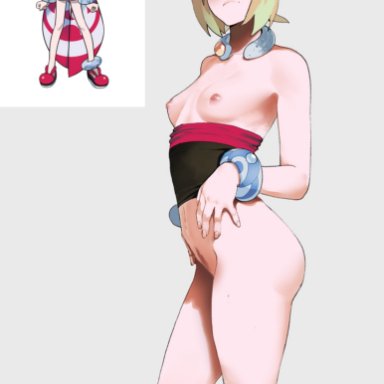 pokemon, pokemon legends: arceus, irida (pokemon), thiccwithaq, 1girls, blonde hair, bottomless, bracelet, female, female pubic hair, hairband, mole, mole on thigh, mole under mouth, neck ring