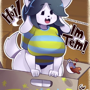 undertale, undertale (series), temmie (undertale), rizkitsuneki, 1girls, :3, anthro, big breasts, black panties, breasts, cardboard box, eyebrows visible through hair, female, female only, floppy ears