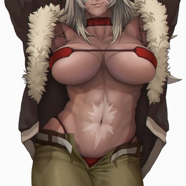 mushoku tensei, ghislaine dedoldia, k19, abs, animal ears, arms behind head, arms up, bra, breasts, choker, eye patch, jacket, large breasts, looking at viewer, muscular