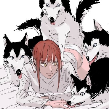 chainsaw man, makima (chainsaw man), 4animals, 4boys, canine, clothed sex, doggy style, feral on female, feral penetrating, imminent gangbang, licking, makima dogs, red hair, yellow eyes, zoophilia