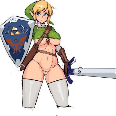 the legend of zelda, link, nisetanaqa, blonde hair, blue eyes, breasts, female, genderswap, master sword, shield, sword, thick thighs, thighhighs, rule 63