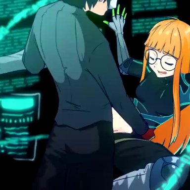 persona, persona 5, akira kurusu, amamiya ren, sakura futaba, derpixon, arms spread, black hair, digital, eyebrows visible through hair, female, glasses, gloves, large penis, male