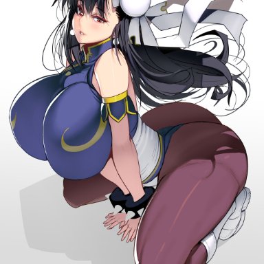 street fighter, chun-li, masao, 1girls, black hair, breasts, bun cover, clothed, double bun, female, hair down, huge ass, huge breasts, impossible fit, long hair