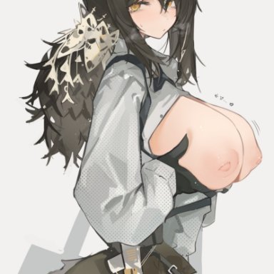 arknights, robin (arknights), mikojin, 1girls, animal ears, areolae, big breasts, black hair, blush, breasts outside, emotionless, exposed breasts, female, female only, freckles